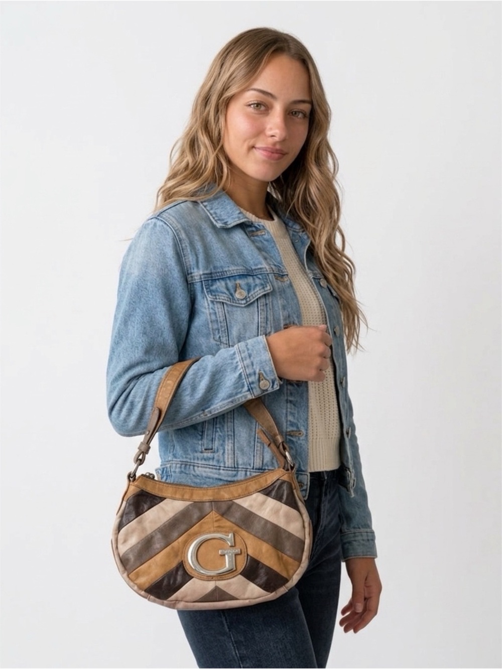 Vintage Guess- Chevron Patchwork Shoulder Bag in Brown&Tanya W/Matching Wallet